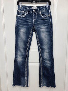 Y2K Charme Distressed Flare Jeans Womens 25 Blue Contrast Stitch Raw Hem Western
